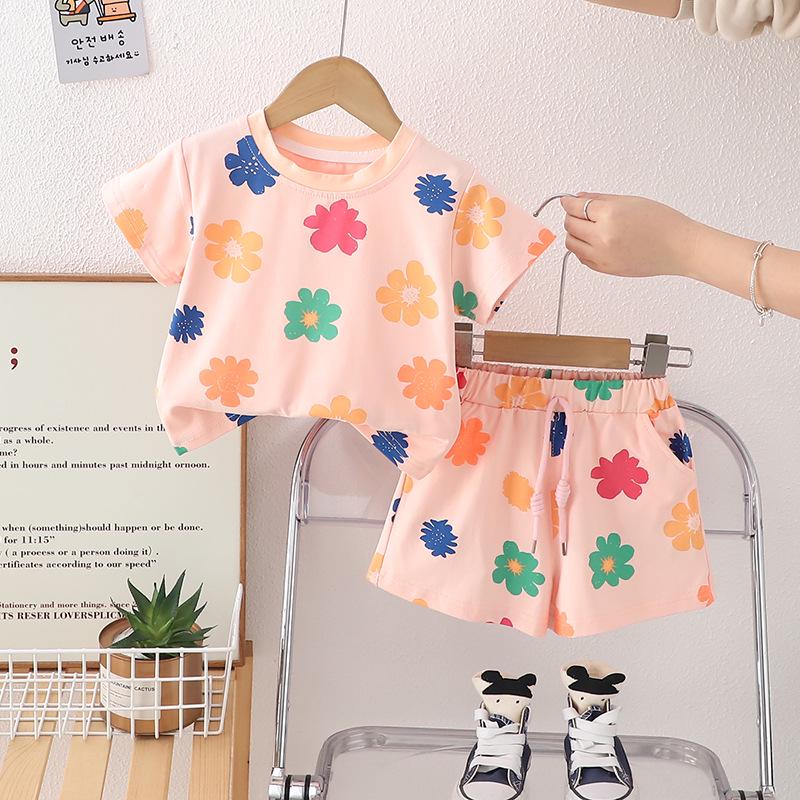 

Летний комплект из двух предметов в корейском стиле для девочек с цветочным принтом: Футболка с коротким рукавом и круглым вырезом, повседневная детская одежда 80 cm розовый