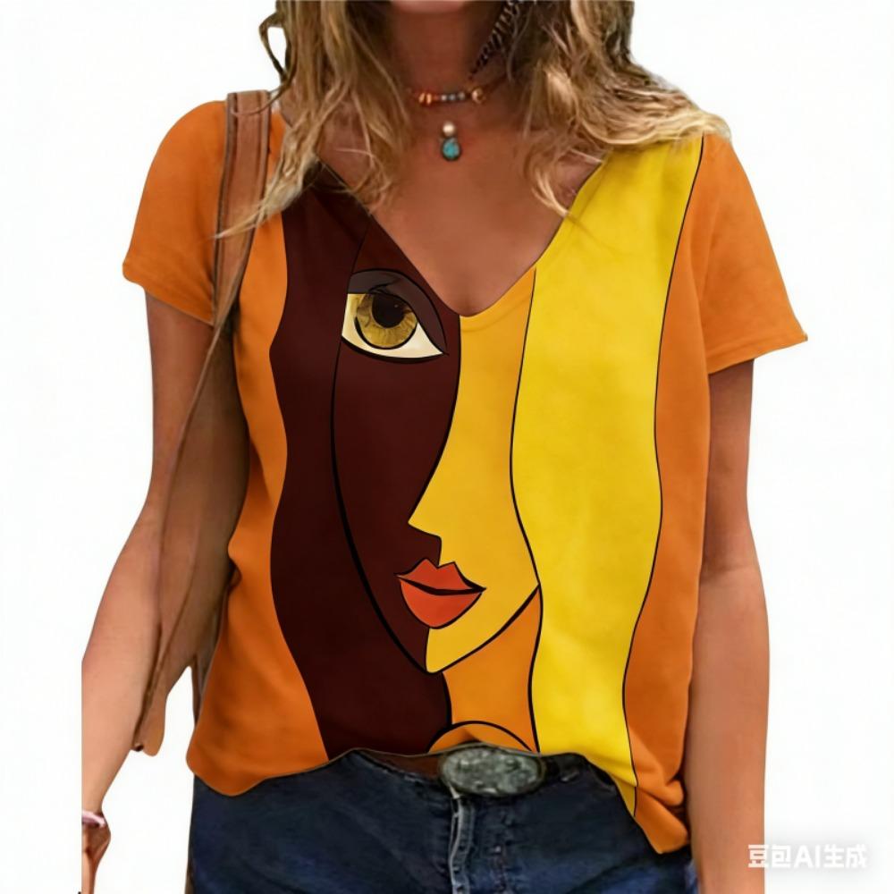 Women's V Neck T-shirt Summer Casual Plus Size Print Tops Loose Vintage Female Tee Streetwear Short Sleeve Clothes