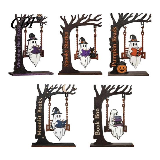 Kantoorbureau Decoratie Items Halloween Desktop Schommel Decor, Spookachtige Huis Lezen Geest op Een Beeldje Uniek Houtbewerking Cadeaus voor Woonkamer Keuken
