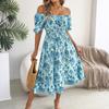 Women's Fashionable Floral Print Off Shoulder Short Sleeved Ruffle Edge Holiday Beach Loose Dress
