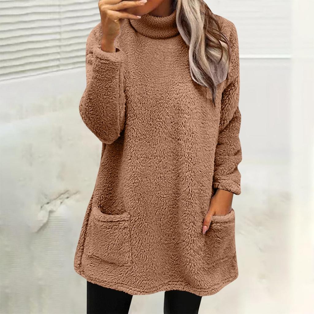 Bluzy damskie z golfem jesienno-zimowe ciepłe swetry plus size tuniki pulowery topy z kieszeniami