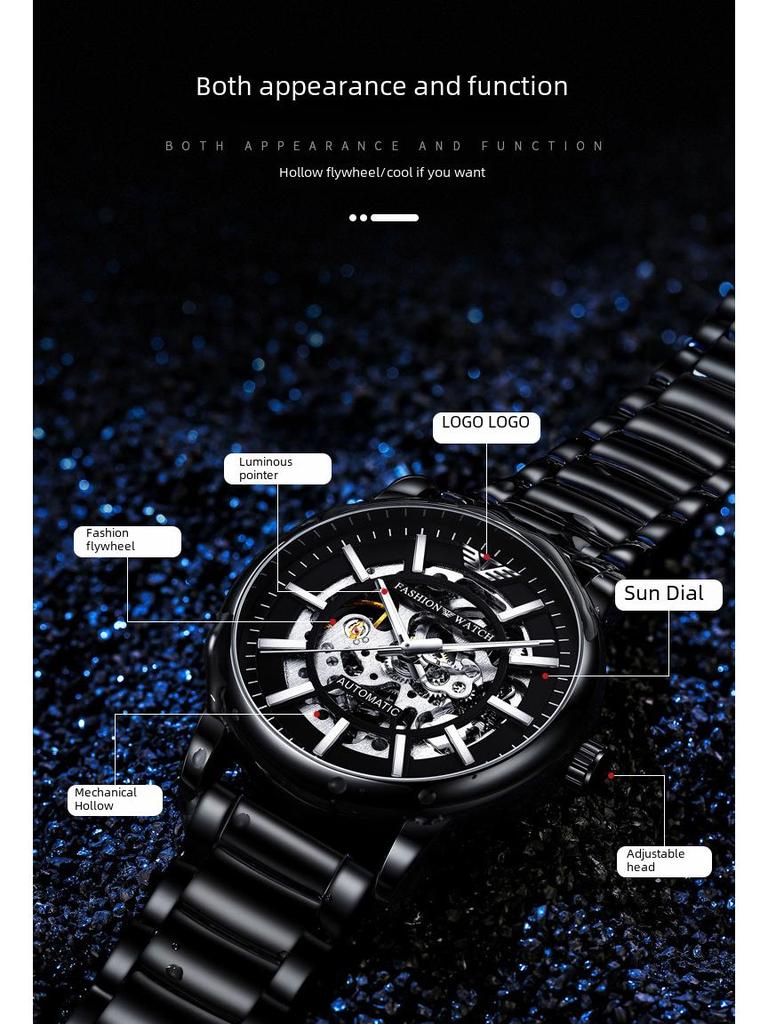 Popular Men's Black Warrior Hollow Mechanical Watch - Stylish, Waterproof, Luminous, Automatic