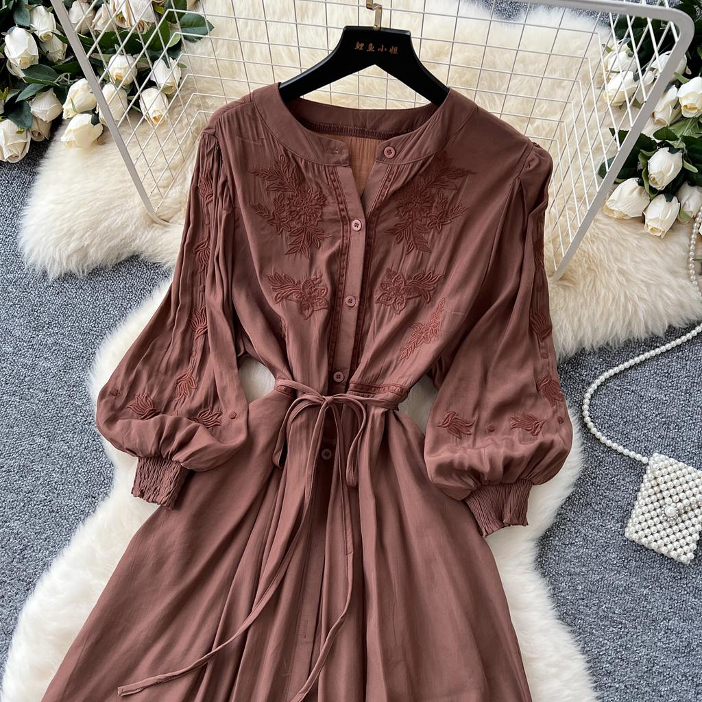 Vintage Elegant Embroidered Button Dress A-line Chic Casual Beach Vacation Women Summer Dresses