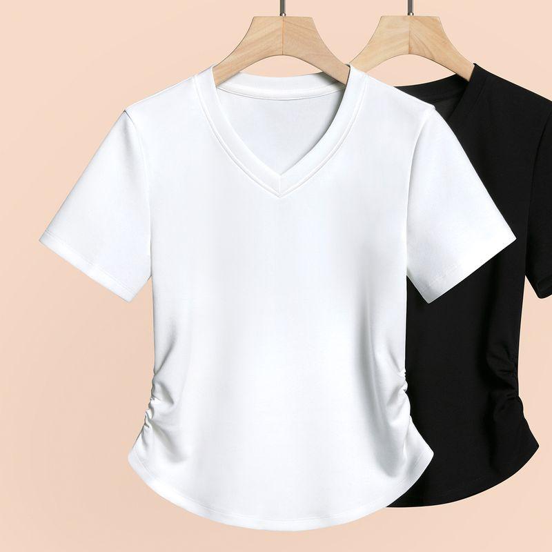 

2025 Summer New Arrival Wicking Pure Color Easy Matching Waisted Elastic Shoulder V Neck Short Sleeve T-Shirt Female Pure Cotton Half Sleeve T-shirt White 3XL