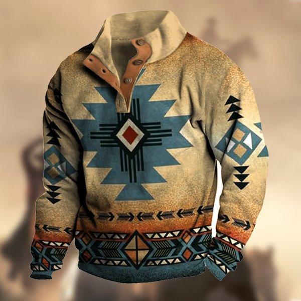 Men's Denim Christmas Ethnic-Style Distressed Print Henley Long-Sleeved Stand-Collar Sweatshirt
