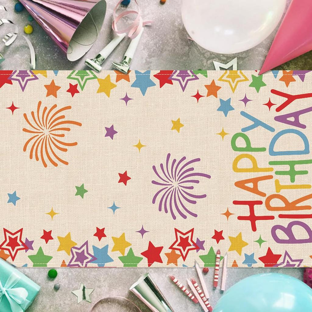 Happy Birthday Colorful Stars Linen Table Runner Party Decor Reusable Kitchen Dining Table Runner for Home Party Birthday Gifts