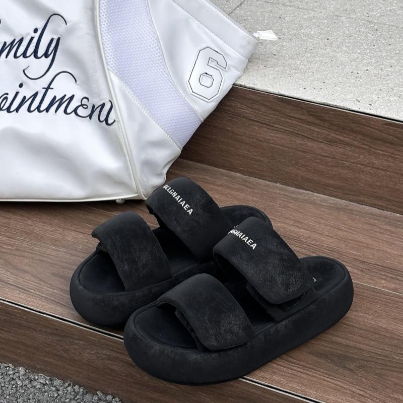 Sheepskin Version of One-word Slippers for Women's Summer Wear Velcro Thick-soled New Versatile Bread Cool Slippers