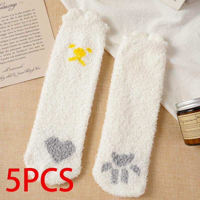 5 Pairs Autumn Winter Cartoon Cat Tube Socks Women Heart-shaped Coral Fleece Socks Cute Sweet Thick Soft Warm Home Sleep Sock