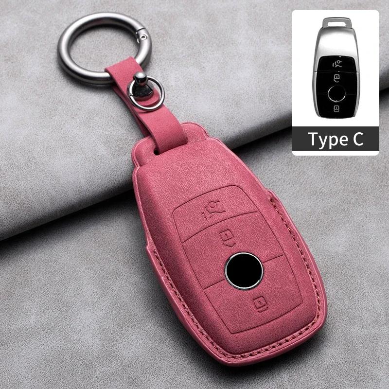 Echt Leer Auto Afstandsbediening Sleutelhoes, Sleutelbehuizing Beschermer Voor Mercedes-Benz E-Klasse, C-Klasse, S-Klasse, Glc-Klasse E200, E400, E63 pink