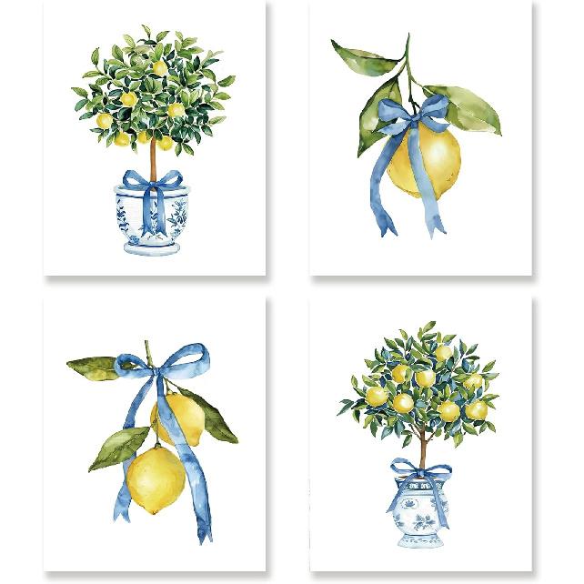 KSDUT Chinoiserie Vase Wall Art Decor Set of 4 - Lemon Tree Bows Artwork Poster Prints Blue and White Coquette Preppy Trendy Wall Decor for Home