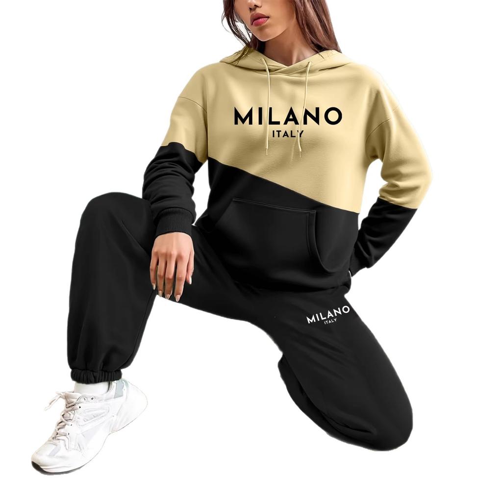 USA Letter Printing Solid Color European and American New Fashion Casual Hooded Sweater Set