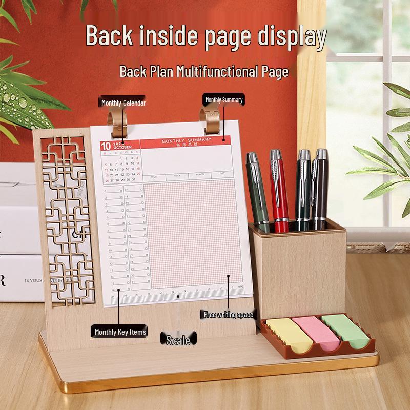 2026 Desk Calendar: Multifunctional Wooden Stand with Pen Holder & Self-Discipline Planner - Exquisite Gift Set, Customizable