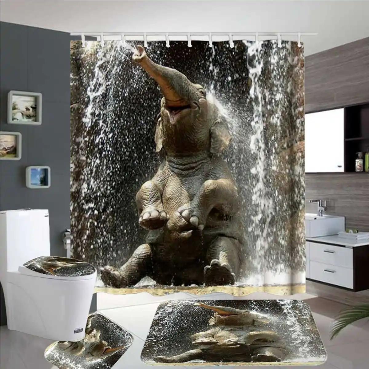 

Animal Elephant Playing With Water Shower Curtain Set 3D Print Bathroom Curtain Set Bath Mat Set Floor Mat Toilet Rug Home Decor 90x180cm