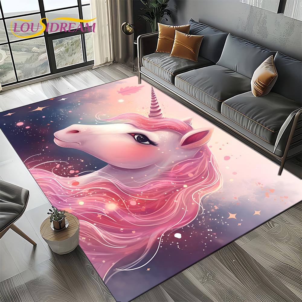 Unicorn Cartoon Cute 3D Dream Girl Carpet Rug for Living Room Bedroom Home Sofa Decoration,Kid Area Rug Non-slip Floor Mat Gift