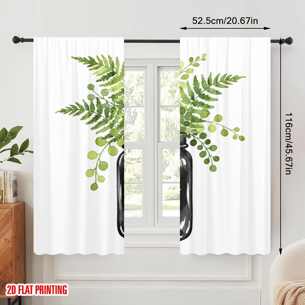 2pcs 2D flat printing Window Curtains Watercolor Mason Jar Ferns 100% Polyester Fabric Without Electricity Festive Wall Decor