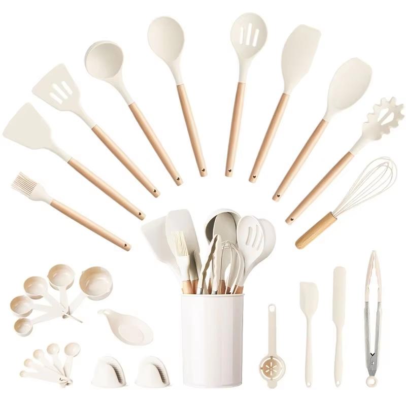 28 Pcs Silicone Cooking Utensils Set with Holder Non-Stick Kitchen Utensils Set Heat Resistant Spatula Set Nonstick Cookware слоновая кость