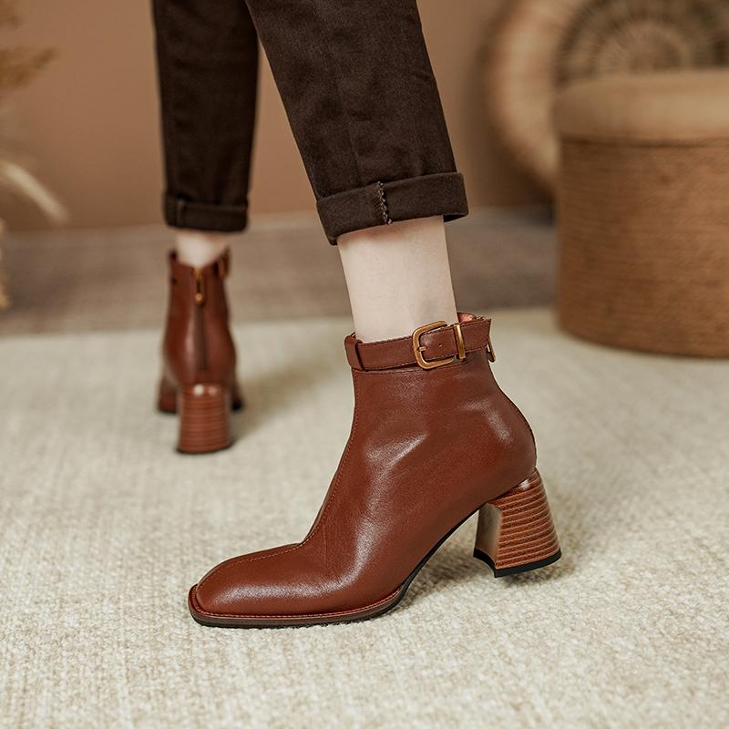 Fashion 2025 Autumn Boots Women Square Toe Women Boots Genuine Leather Shoes for Women Belt Buckle Zipper Boots Winter High Heel Boots