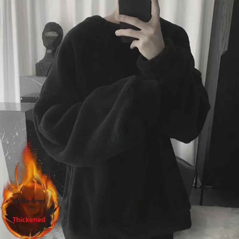 Men's Hong Kong Style Winter Lamb Wool Sweater – Thick, Velvet, Loose Fit, Casual Round Neck, Trendy for Couples