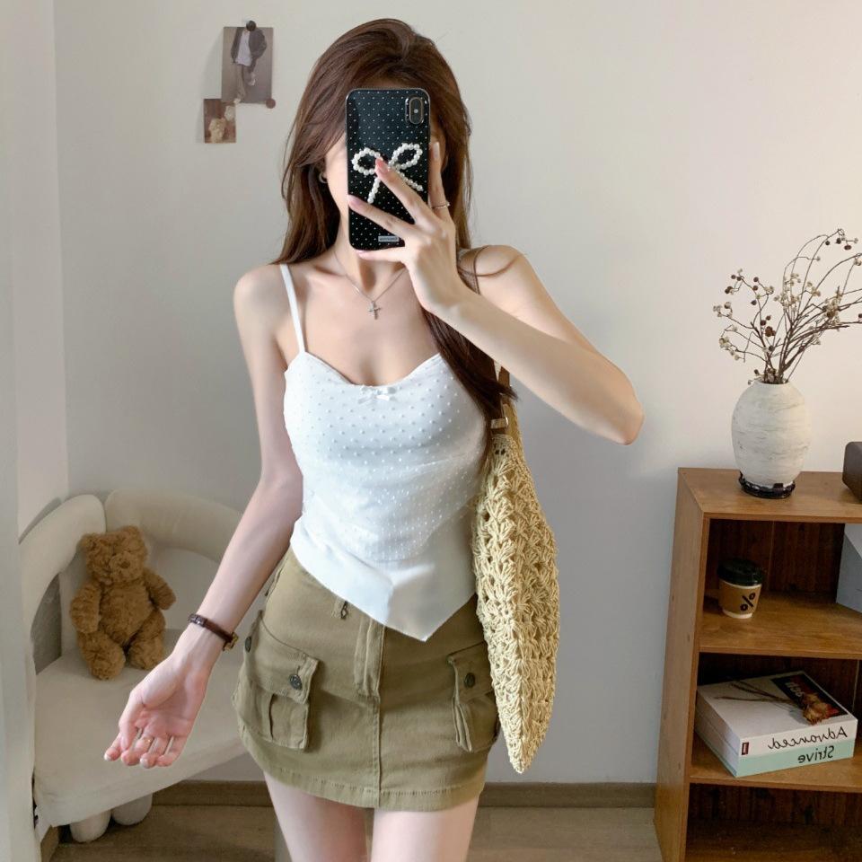 #Summer new sweet mesh polka dot sling vest slim and thin women's fixed belt chest pad versatile