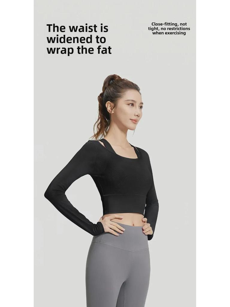 Juyitang Mesh Two-Piece Look Yoga Top, Long Sleeve, No Bra