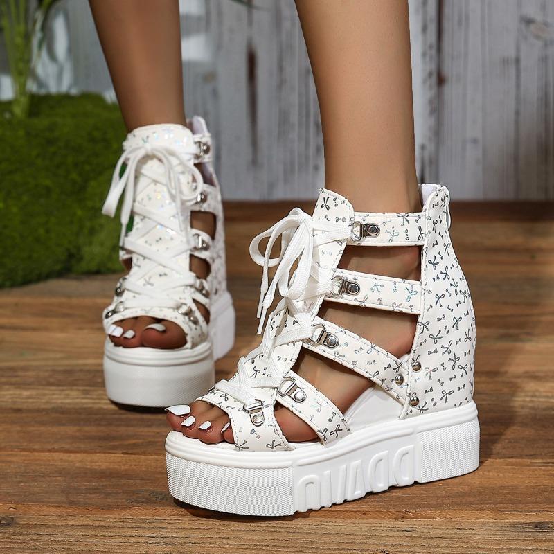 Women's Peep-Toe Platform Sandals, Lace-Up Cutout Wedge Heels, Height Increasing Roman Shoes Wholesale