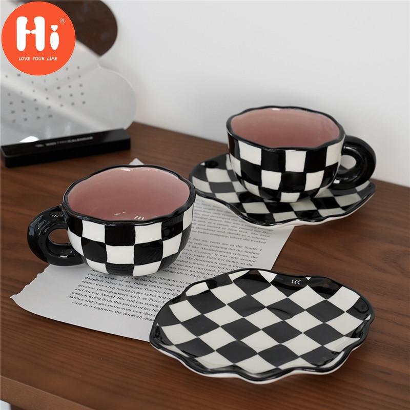 Hi Black and White Checkerboard Mug Ceramic Cup Coffee Cup Saucer Afternoon Tea Cup Creative Cup