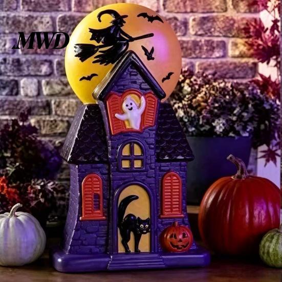 Outdoor Halloween Yard Displays Haunted House Blow Mold Light, Vintage Pre-Lit Mansion Decor with Glowing Witch Spooky Atmosphere Party Lights