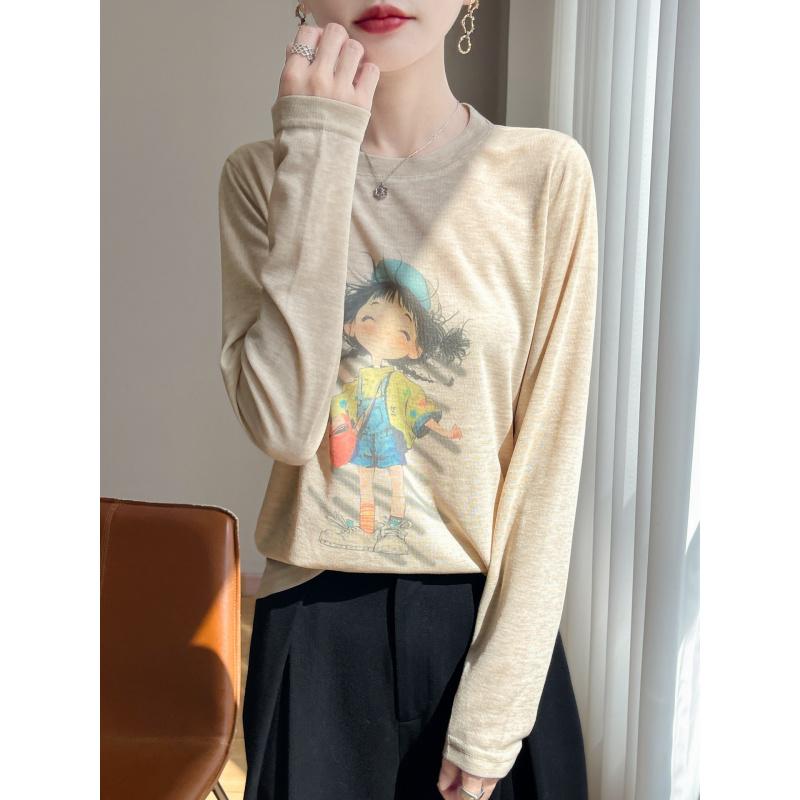 Healing Style Little Girl Long Sleeve Gentle Wind Printed T-Shirt Autumn Winter New Daily Top