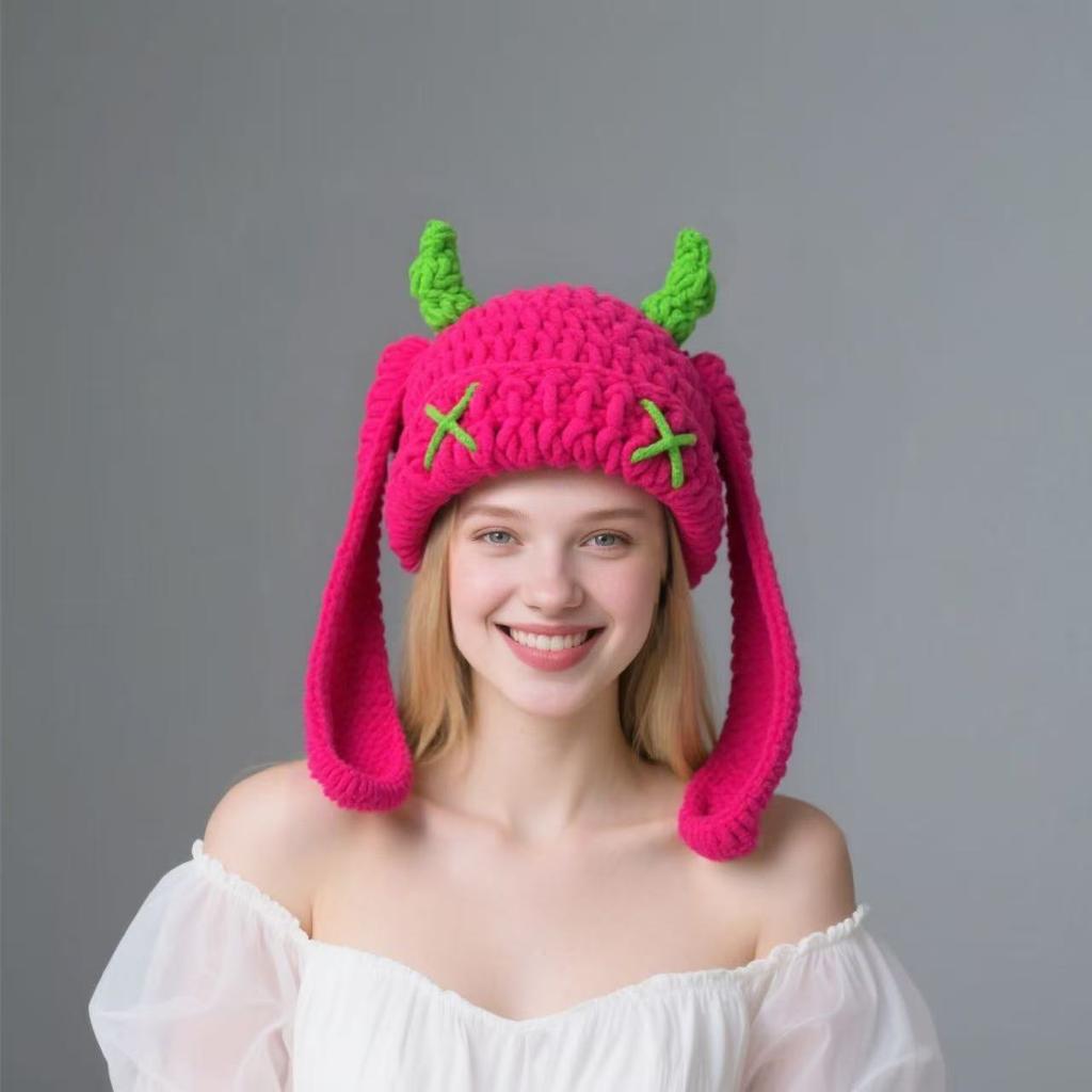 New Little Monster Handmade Knitted Wool Hat Autumn and Winter Thickened Warm Plush Hat Sweet Cool Babe Baotou