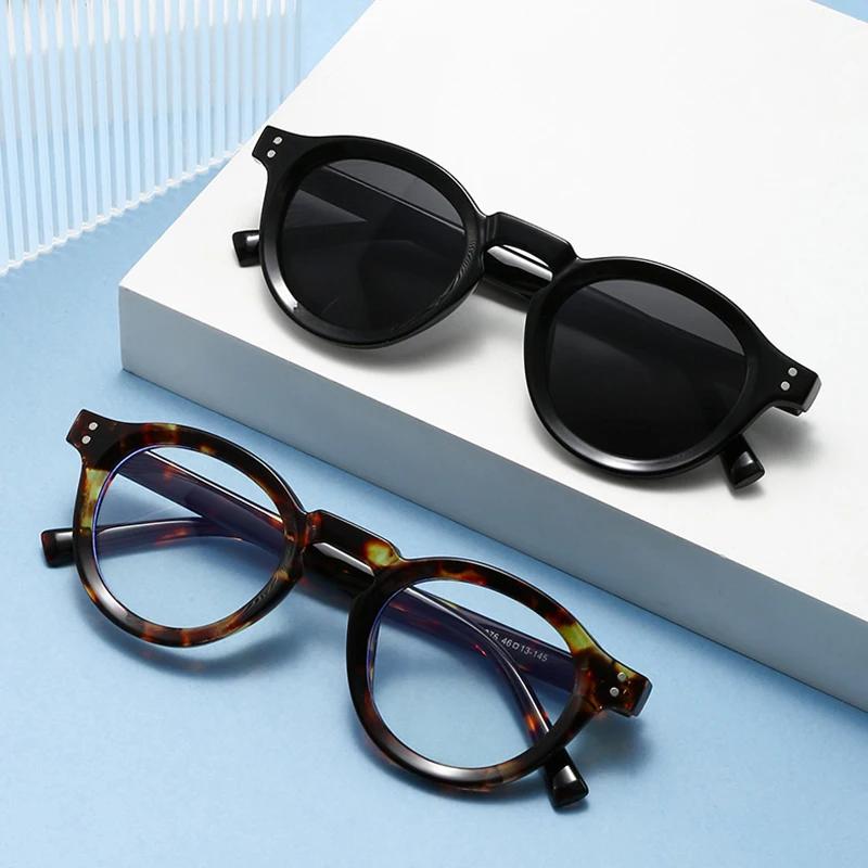  New Fashion Small Round Sunglasses Women Shades Fashion Leopard Blue Lens Men Trending Rivets Frame UV400
