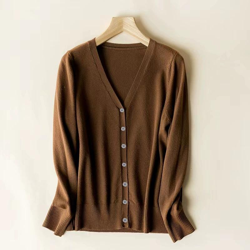 Frühlingswolle V-Ausschnitt Gestrickt Langärmliger Damen Cardigan im Westernstil Einfarbig Koreanische Version Schlicht Vielseitig Jacke Pullover