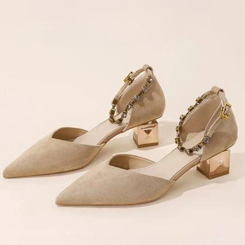 

Босоножки Баотоу Женские Летние Новые Остроносые Неглубокие Замшевые Кристалл Металлическая Пряжка Нескользящие Износостойкие Полые Каблуки 40