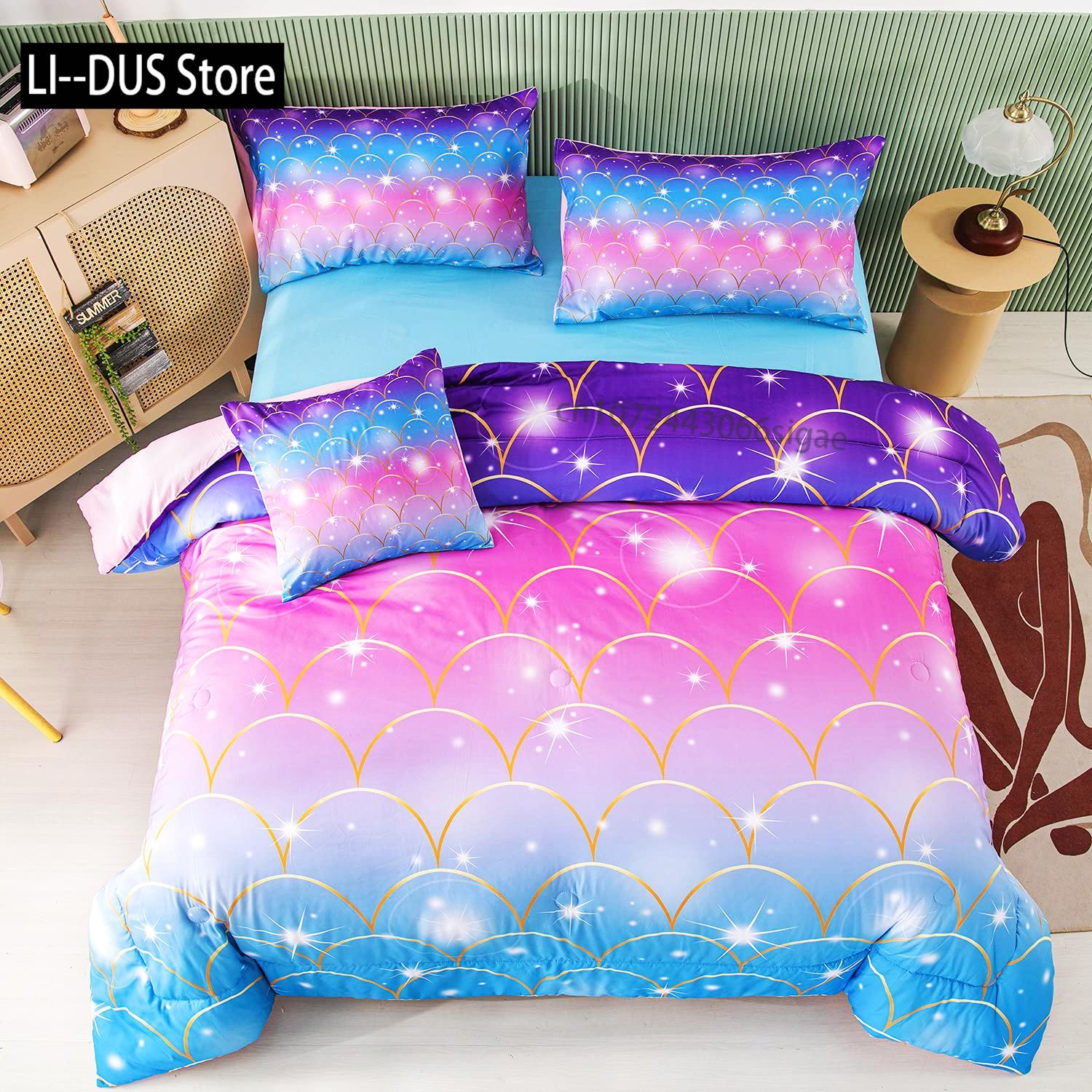 

Girls Mermaid Comforter Set Twin Size Fish Scale Bedding Set 3Pcs Bedroom Decor Quilt Cover With 2 Pillowcase Twin Full Size 135x200cm