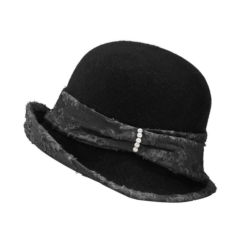 Wool Pot Hat Jacquard Velvet Ribbon Hat Women's Autumn and Winter Elegant Fashion Top Hat Shows Small Face