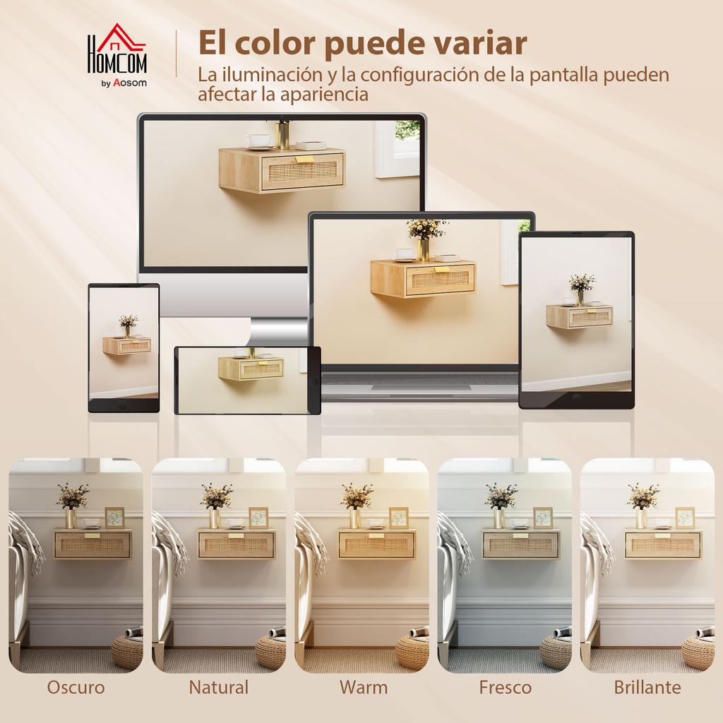 Set di 2 comodini sospesi, armadietti da comodino a parete con cassetto in rattan e effetto legno, rovere