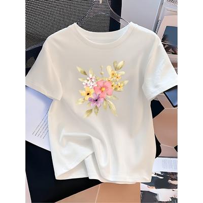 Fashion Floral English Letter Print Pattern Japanese And Korean Women'S Fashion Casual Versatile Loose Fit Round Neck Easy Short Sleeve T-Shirt Top