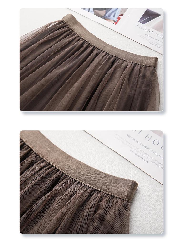 White Women's Drapey A-Line Mesh Skirt - 2024 New Autumn, Spring Mid-Length Pleated Style