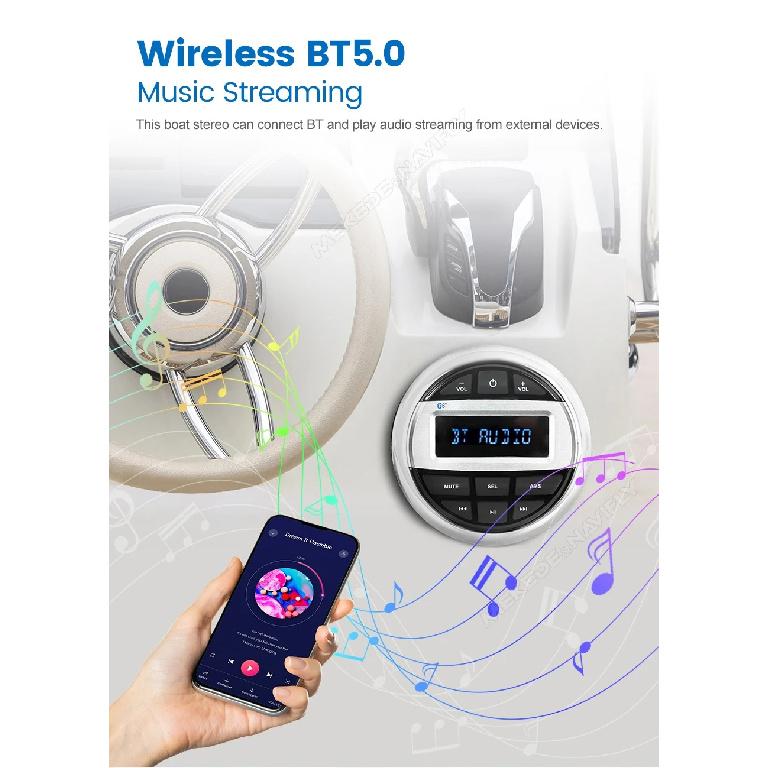 Marine Stereo Boat Radio FM AM Digital Media Audio IP66 Waterproof MP3 Player for Yacht Gauge ATV UTV Cart 4*50W Wireless BT5.0