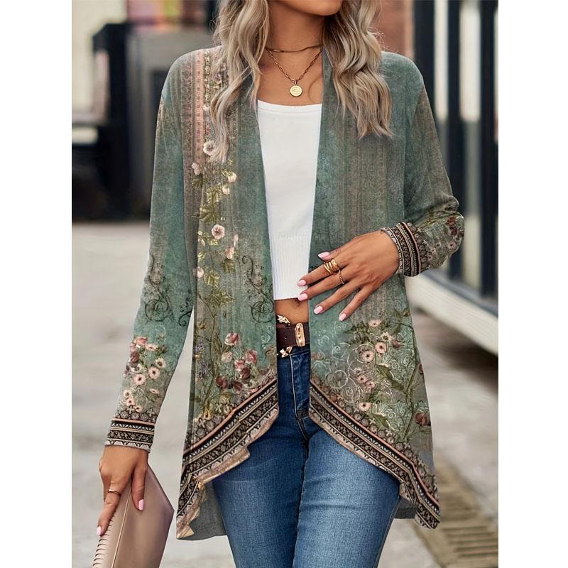 Women's Fall and Winter Fashion Casual Printed Long Sleeve Mid-Length Cardigan Jacket