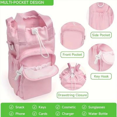 For Stanley 30Z/40Z Water Bottle Bag Insulated Pink Polyester Backpack with Phone Pocket Adjustable Strap for Outdoor Camping