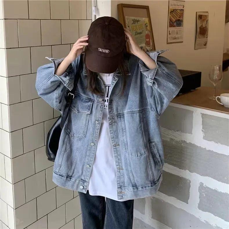 Women's Oversized Retro Denim Jacket - Hip-Covering, Trendy Hong Kong Style for Spring & Autumn