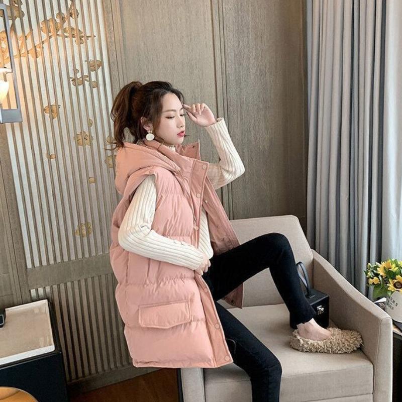 

Жилет женский зимний универсальный пуховик женский толстый модный с шапкой жилет из хлопка XL розовый