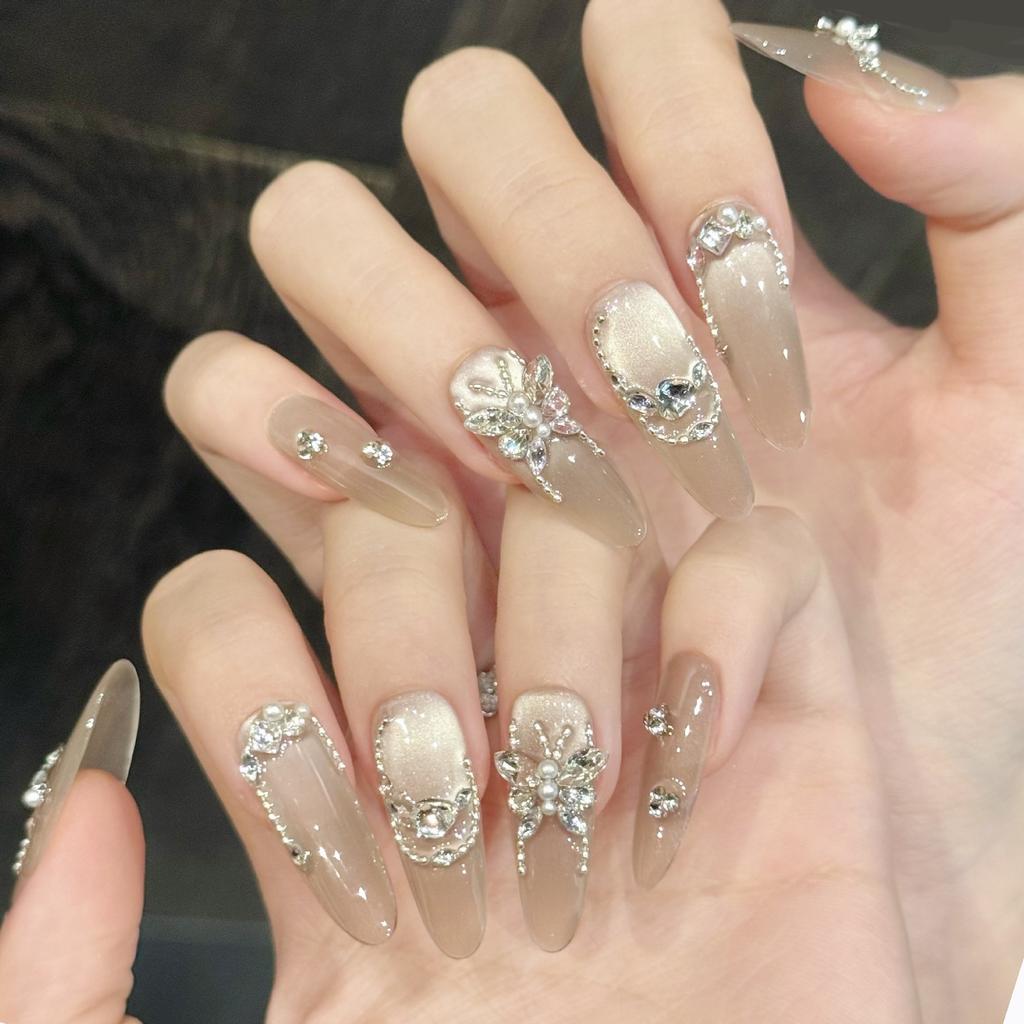 10Pcs 3D Butterfly Rhinestone Nude Pink Handmade Reusable Full Cover Press On False Nails Set