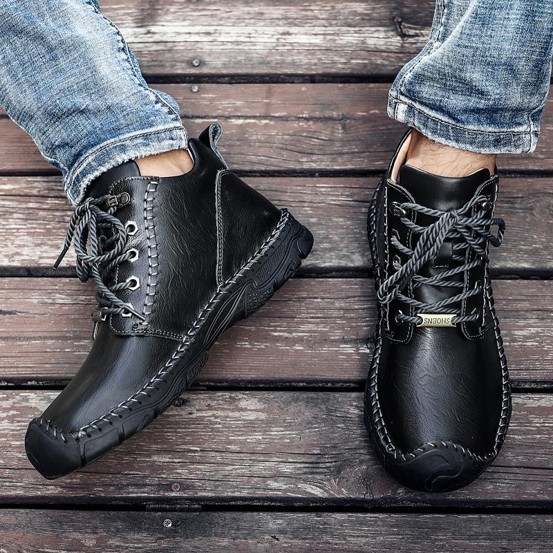 High Top Casual Shoes Men's Lace Up Genuine Leather Flat Bottom Boots High-quality Hiking Shoes Men Wide Toe Barefoot Boots Lace