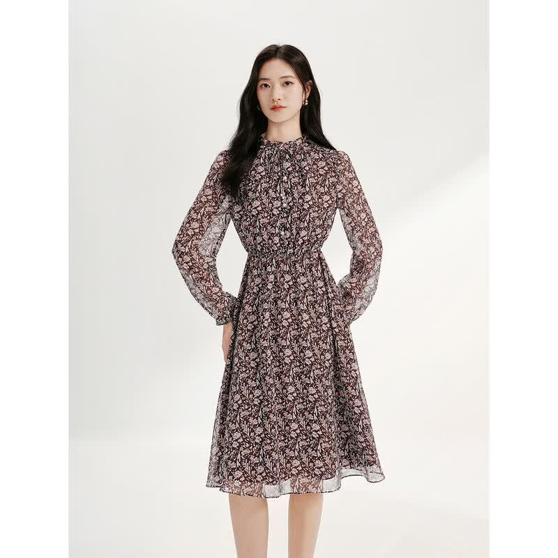 JUZUI French Retro Printed V-neck Chiffon Dress