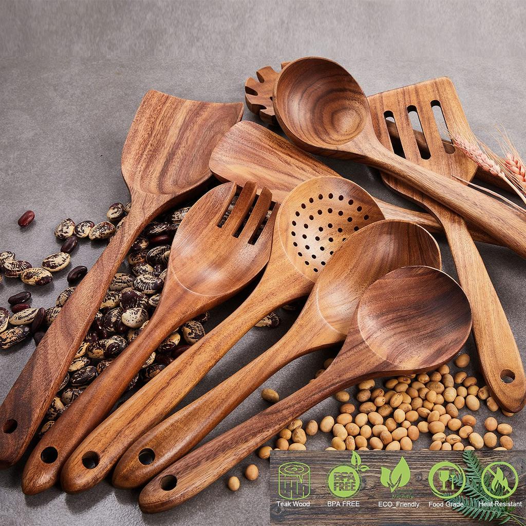 5Pieceso ng Handled Teak Tableware Wood Spoon Shovel Spatula Accessories Skimming Wooden Soup Kitchen Tool Spoon Cooking