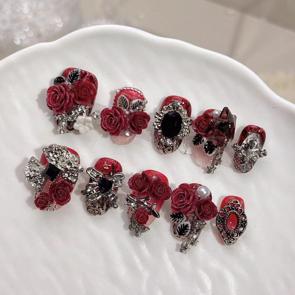 Red Gothic Almond Short Handmade Diamond Nail Set