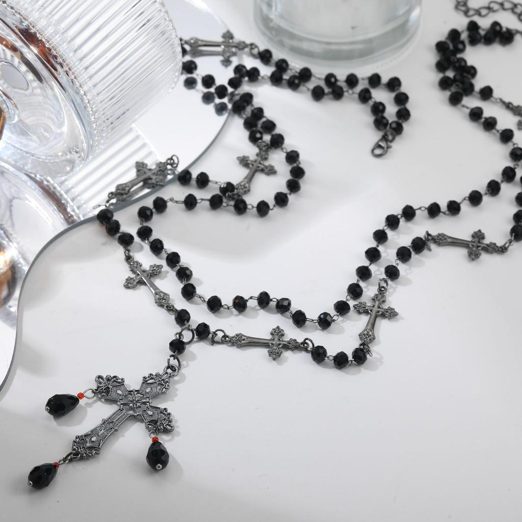 Dark Gothic cross fringed necklace multi-layered beaded necklace fashionable Spice Girl necklace