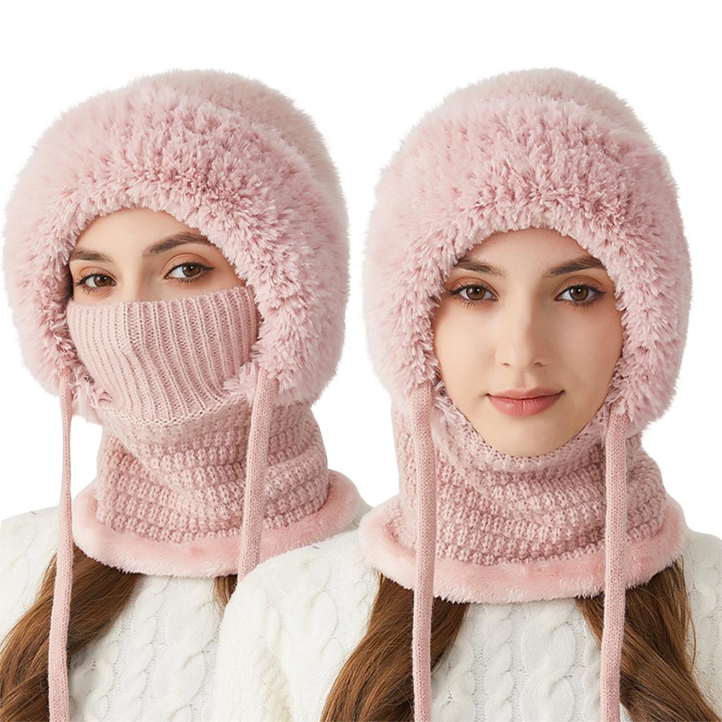 Women's Outdoor Winter Fleece-Lined Thick Knitted Hat, Neck Warmer, Face Covering Mask Warm Set