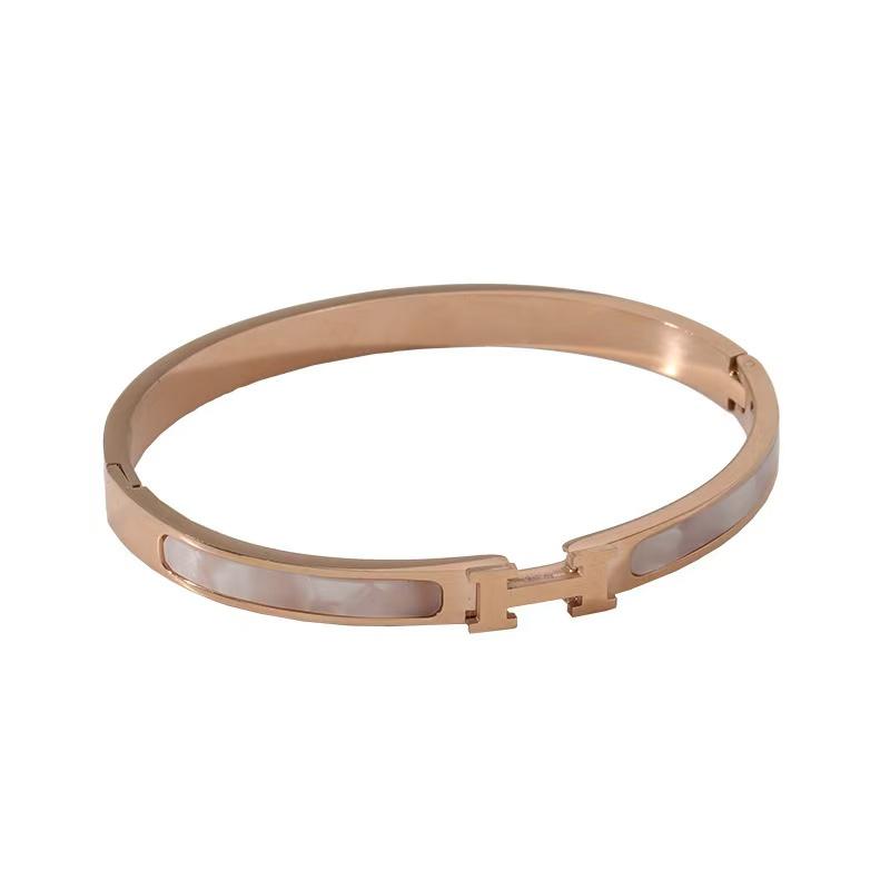 18K Gold Plated Stainless Steel H-Bangle with Mother of Pearl - Classic Design Bracelet for Women